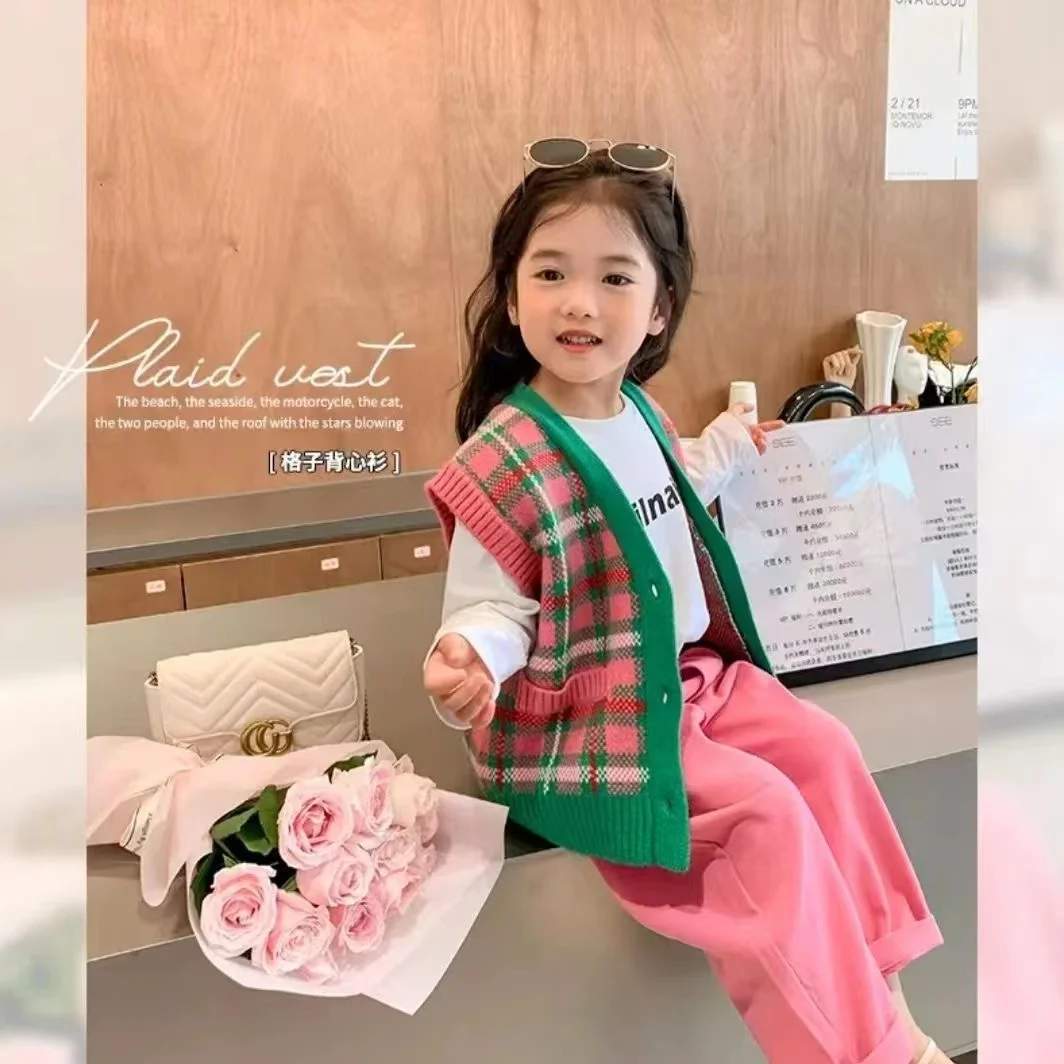 

2022 Autumn Winter Kids Girls Single Breasted V-neck Knitted Cardigan Set Pink Pant Striped Children Shirt Clothing Long Sleeve