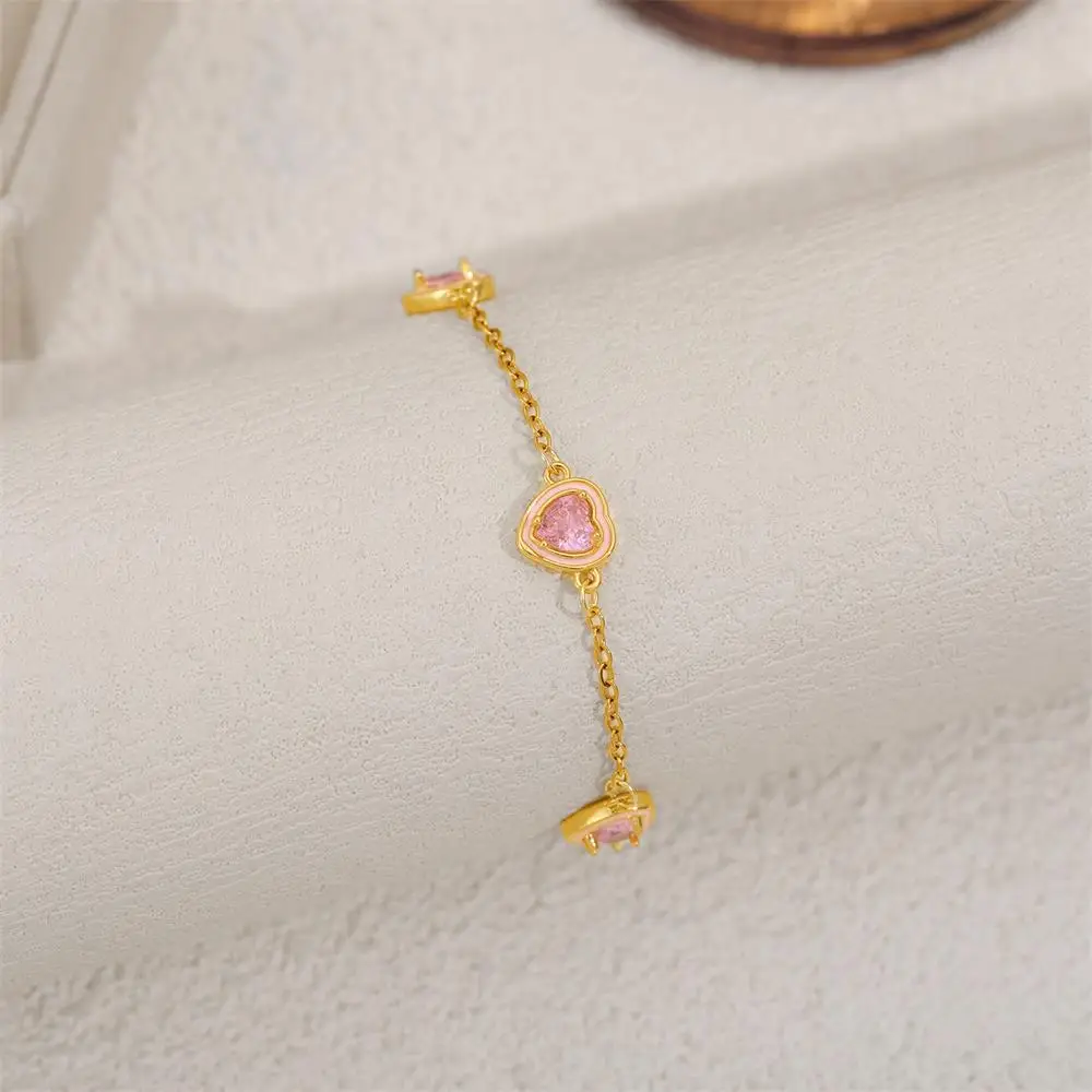 French Light Luxury Pink CZ Zircon Bracelet PVD Stainless Steel Romantic Heart Sparkling Rhinestone Delicate Hand Jewelry Gifts