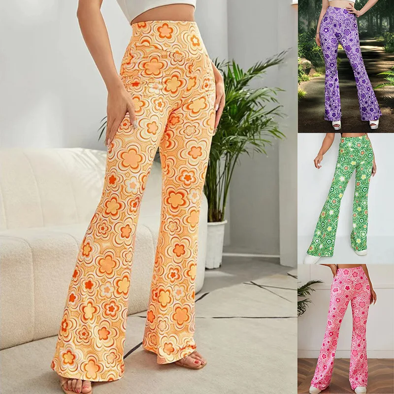 Women Clothes Casual Streetwear Harajuku Y2K Club Slim Flare Pants Trendy High Waist Floral Print Trousers Aesthetic Pantalones