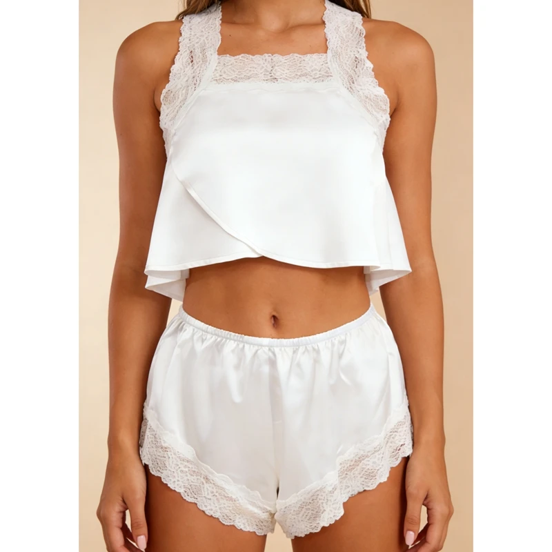Women 2Pcs Floral Lace Trim Patchwork Satin Silk Pajamas Set Cross Backless Cami Tops+Shorts Sleep Loungewear Outfits