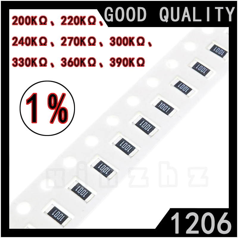 

100PCS SMD 1206 Chip Resistor 1% High Precision Chip Fixed Resistance 200KΩ 220KΩ 240KΩ 270KΩ 300KΩ 330KΩ 360KΩ 390K ohm 0.25W
