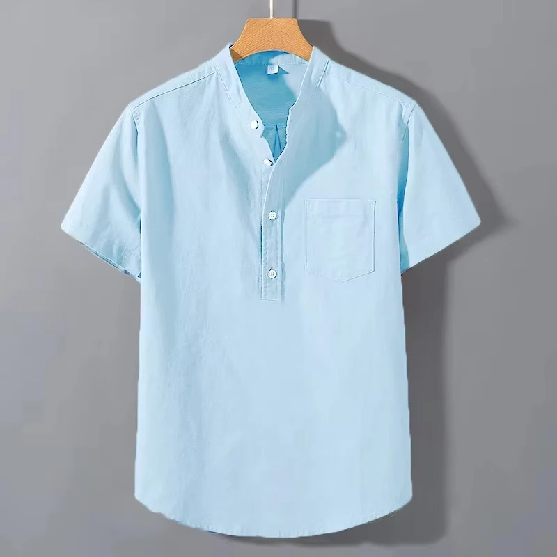 Men’s Breathable Cotton Stand Collar T-Shirt Summer Casual Pocket Top Tee Gift