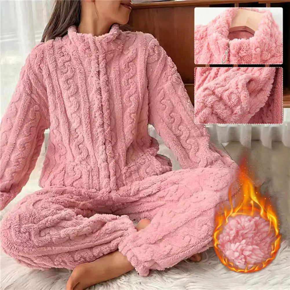 

Plush Pajama Set Cozy Winter Pajamas Set with Stand Collar Plush Texture Zipper Closure Homewear Suit for Women for Warmth