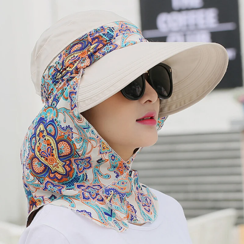 Moda donna estate equitazione all'aperto cappello da sole anti-uv spiaggia pieghevole protezione solare stampa floreale berretti collo viso cappello a tesa larga