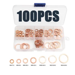 100Pcs/Set M4-M14 Assorted Copper Washer Gasket Set Flat Ring Seal Assortment Kit with Box For Hardware Accessories