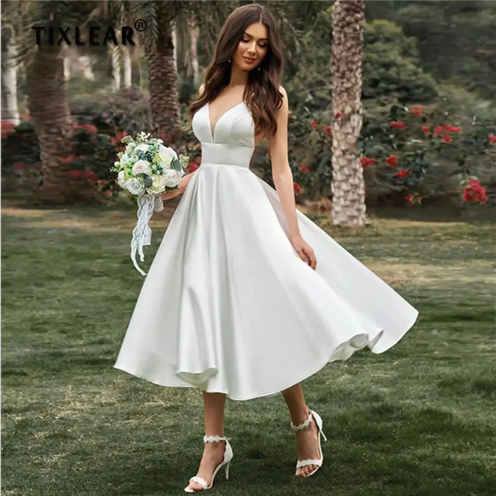 YEEH Simple Short Wedding Dress For Women New Civil A Line V Neck