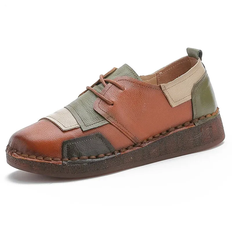 Women Mother Ladies Female Cow Genuine Leather Shoes Flats Loafers Slip On Casual National Style Plaid shoes
