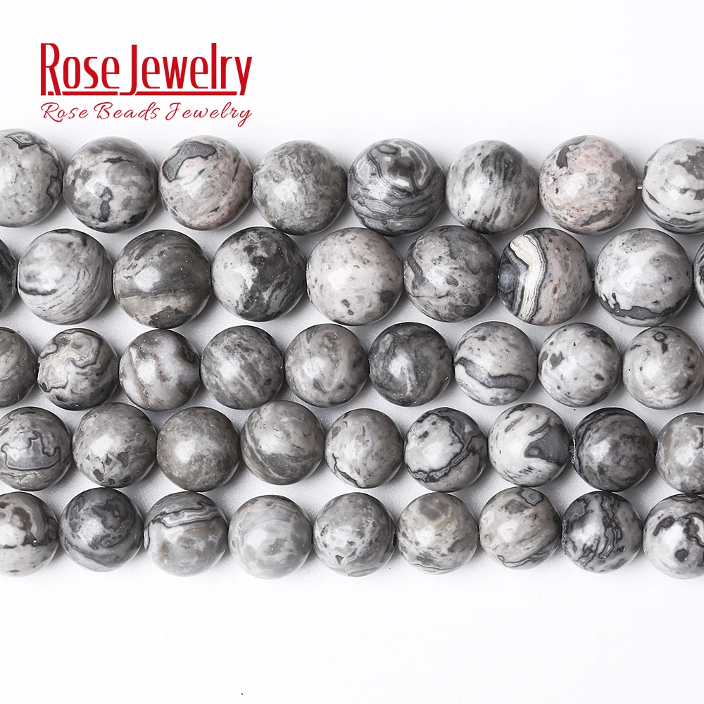 

Factory Price Natural Stone Gray Picasso Map Jaspers Round Beads 16" Strand 4 6 8 10 12 MM Pick Size for Jewelry Making Diy