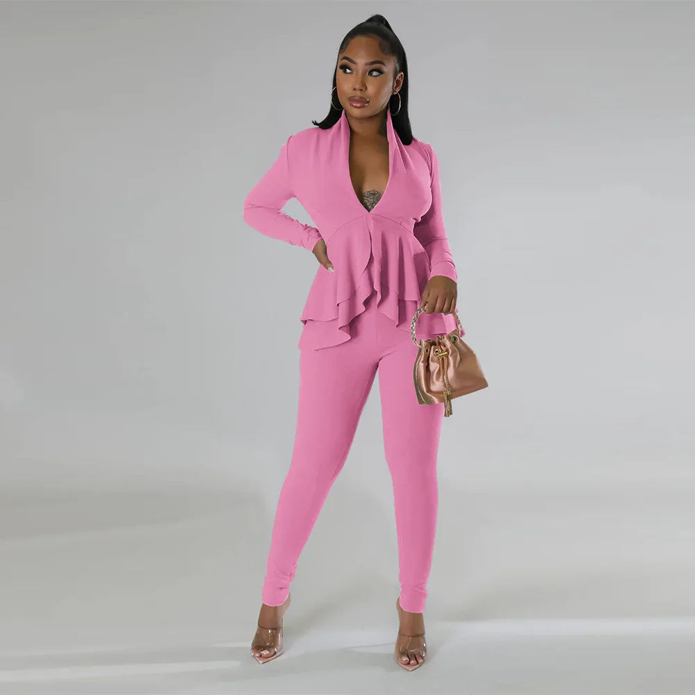 Spring  Autumn Fashion Sexy Two Piece Set Women Office Ladies Solid Dark V-Neck Ruffle Top Tights Two Piece Set Women