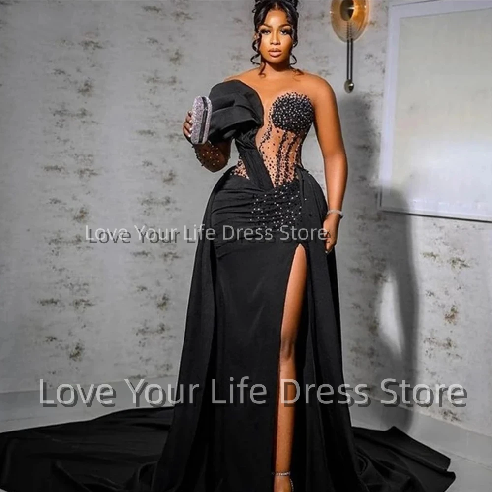 

Sexy Bra Black Luxury Evening Dresses 2023 Mermaid Lace Satin Robes De Soirée One Shoulder Slit Prom Gowns Beading Vestido Noche