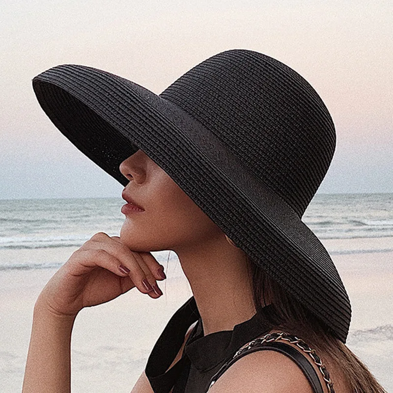 Chapeau D'été Femme Style Vintage Hepburn - Bord Large 10 Cm, Paille Naturelle - Pour Plage, Vacances, Protection Solaire - Taille 57 Cm
