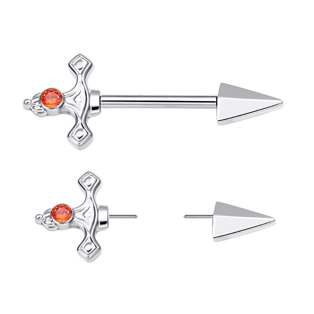 Delicate Sword Shape 14G Threadless Push Pin Nipple Ring With Orange ...