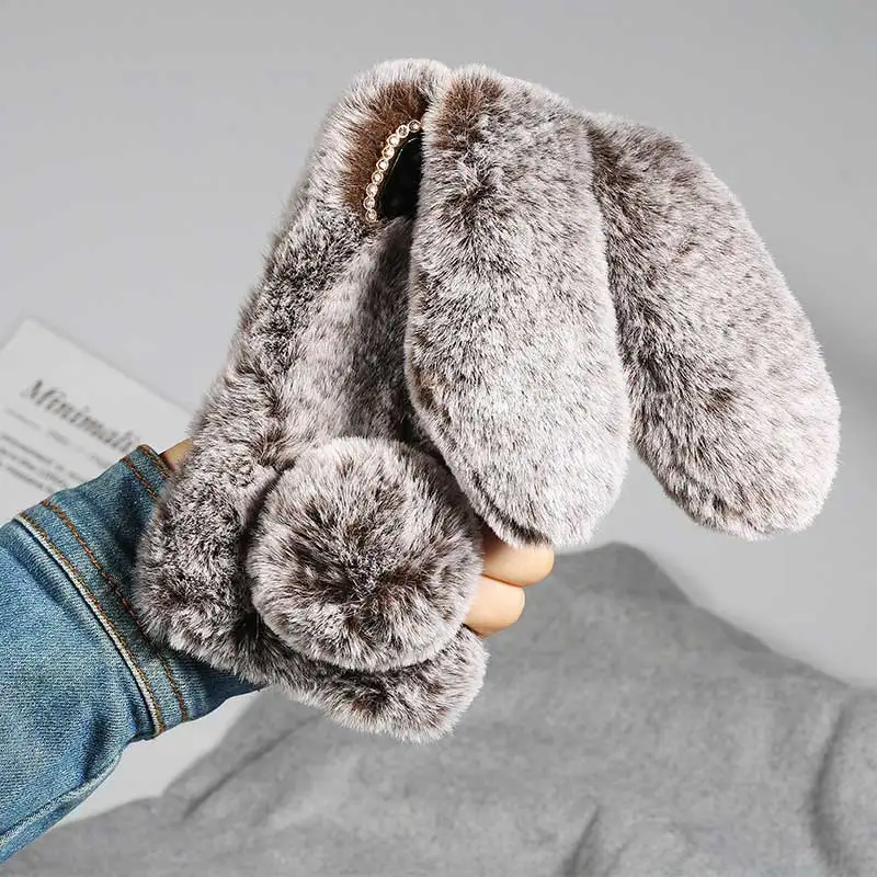 Rabbit Ears Warm Fluffy Diamond Phone Case with Fur Back
