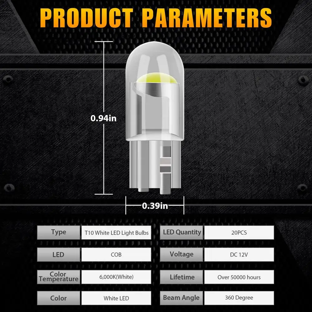 20Pcs T10 LED W5W W3W 194 168 501 2825 COB LED Car Wedge Parking Lights Side Door Bulb Instrument Lamp Auto License Plate Light