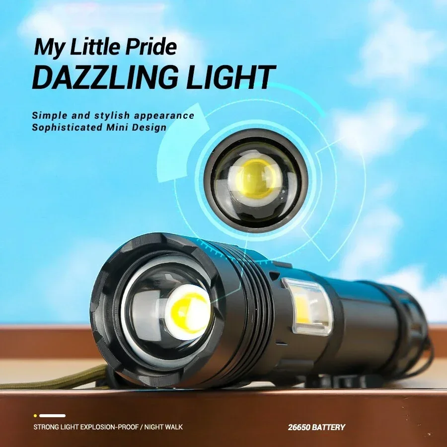 슈퍼 브라이트 강력한 LED 손전등, 보조배터리 토치 라이트, USB 충전식 캠핑 전술 손전등, COB 램프 포함, XHP50