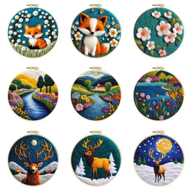 Elk Deer SnowflakeFelt Starter Kits For Adults Diy Wool Felting Painting Beginners Kit Embroidery Frame Wool Needlework Crafts