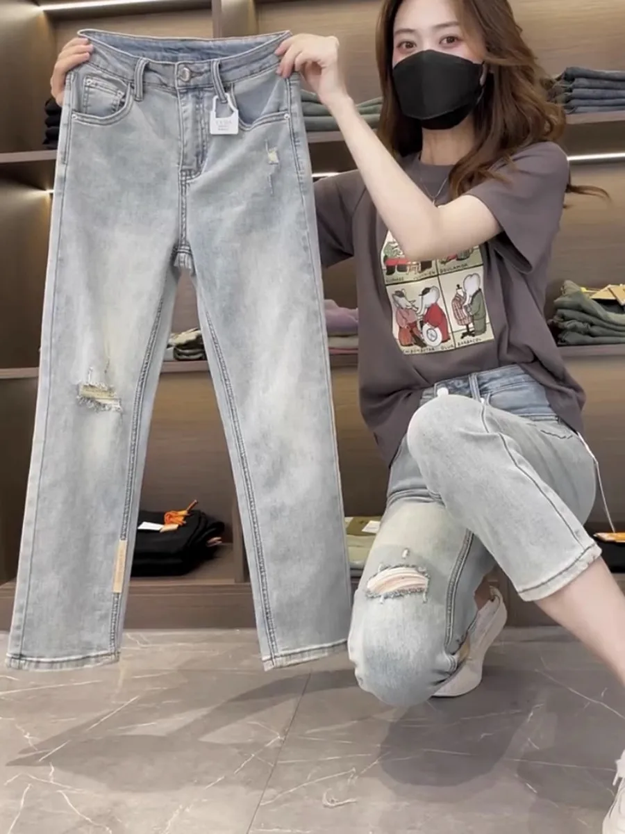 Y2k Pear-shaped Body Slightly Fat Wear A Large Size Denim Nine Straight Pipe Pipe Eight Pants Women 2023 Summer Thin