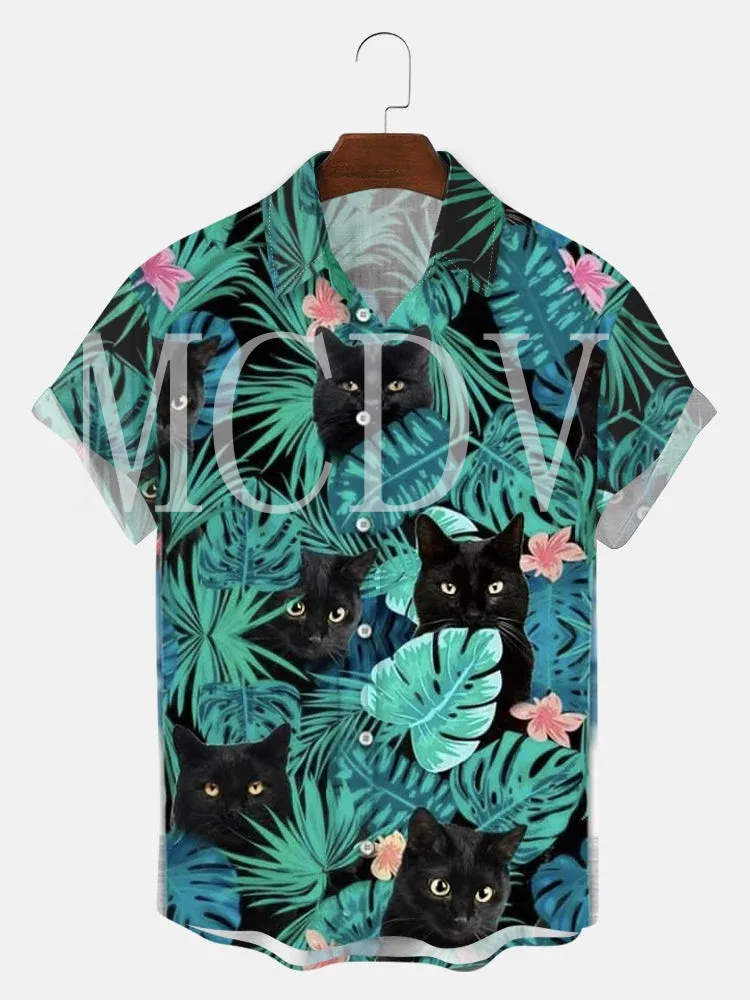 Tropical Plants And Black Cat 3D All Over Printed Hawaiian Shirt Men For Women Casual Breathable Hawaiian Short Sleeve Shirt
