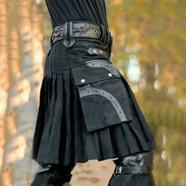 Mens Scottish Traditional Highland Tartan Kilt 2023 Casual Retro Solid Pocket Pleated Skirt Vintage Kilts Check Pattern Skirts