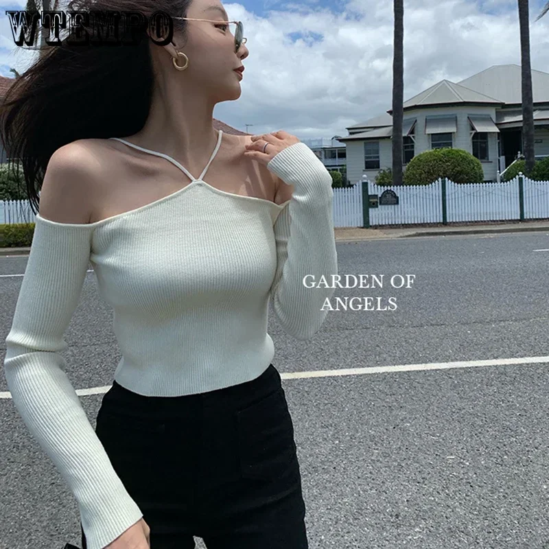 Women Crop Sweater Sexy Off The Shoulder Slim Knitted Sweaters Long Sleeve Pull White Black Top Autumn Vintage Fashion Pullover 4