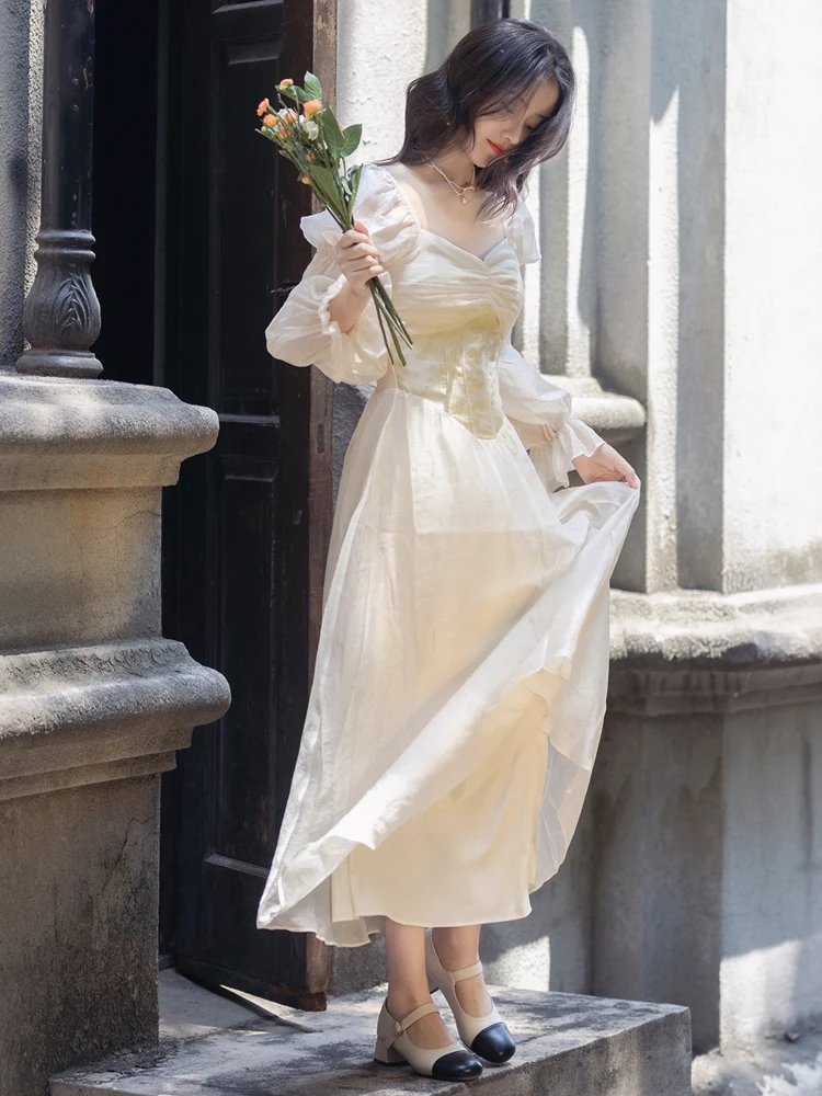 Romantic Lady Fairy Princess Dress Retro Victorian Style Jacquard Floral  Puff Sleeve Vintage Chic Dresses Woman Vestido Festa - AliExpress 200000345
