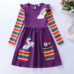 Girls' Embroidered Unicorn Dress with Rainbow Sleeves and Pockets - 6-7Y (81035 Purple)