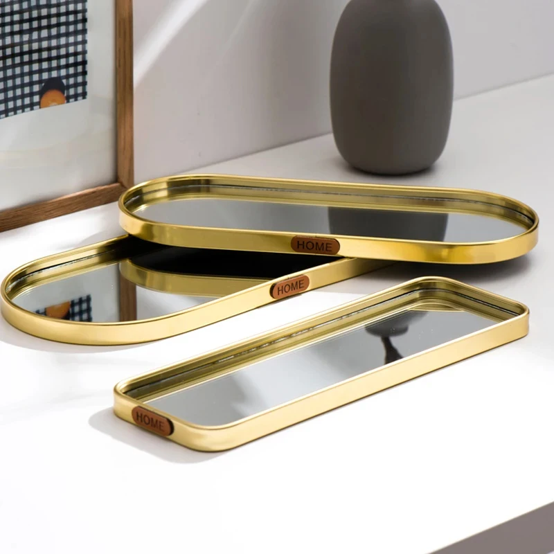 Nordic Gold Mirror Tray Light Luxury Home Jewelry Tray Rectangular Storage Simple Table Decoration Ornaments Shooting Props