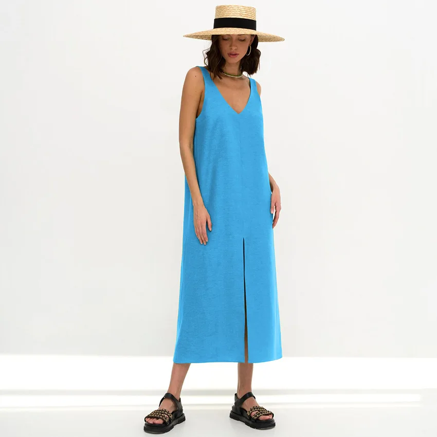 

Europe and The United States Ins Casual Comfortable Cotton V-Neck Backless Dress 2023 Summer New Women's Wear