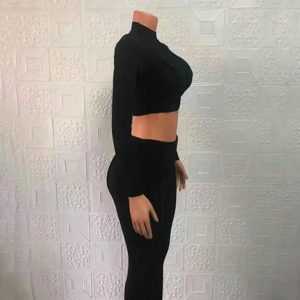 

2 Pcs/Set Stylish Crop Top Pants Suit Short Top Long Sleeve Women Sports Suit High Elasticity Lady Tracksuit