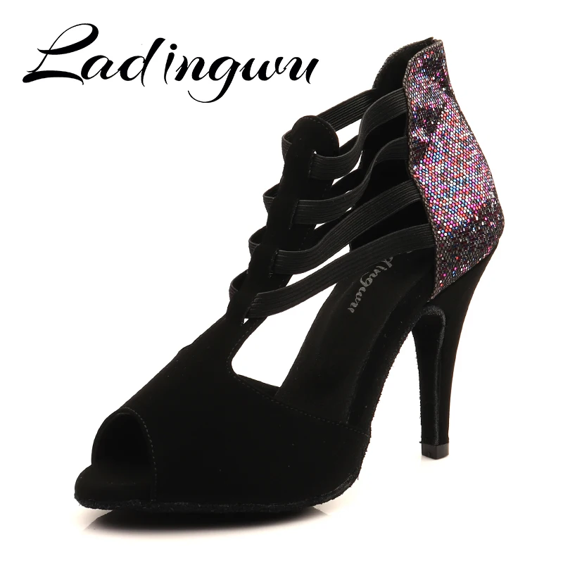 Ladingwu Stretch Rubber Band and Ankle Dance Boots Ballroom Tango Salsa Dance Shoes Women Latin Shoes
