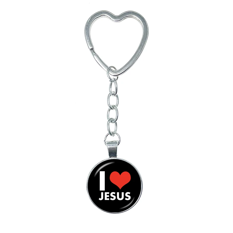 I Love Jesus Symbol Fashion Heart Portachiavi Holder Handmade Glass Dome Cabochon Ciondolo Portachiavi Per Auto Religione Gioielli Regalo