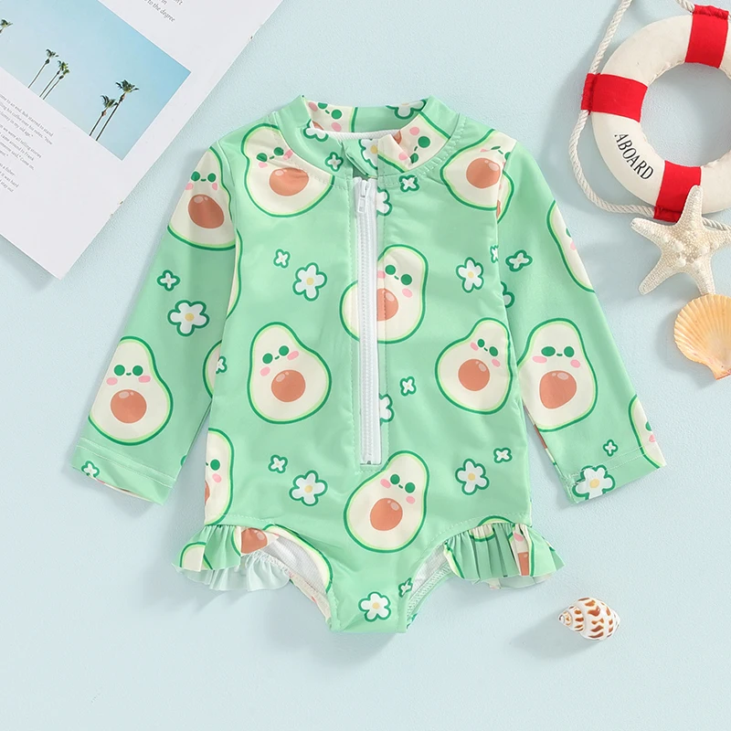 여아용 여름 과일 프린트 플리츠 긴 소매 모노키니 수영복, 귀여운 비치 수영복, 6M-4T