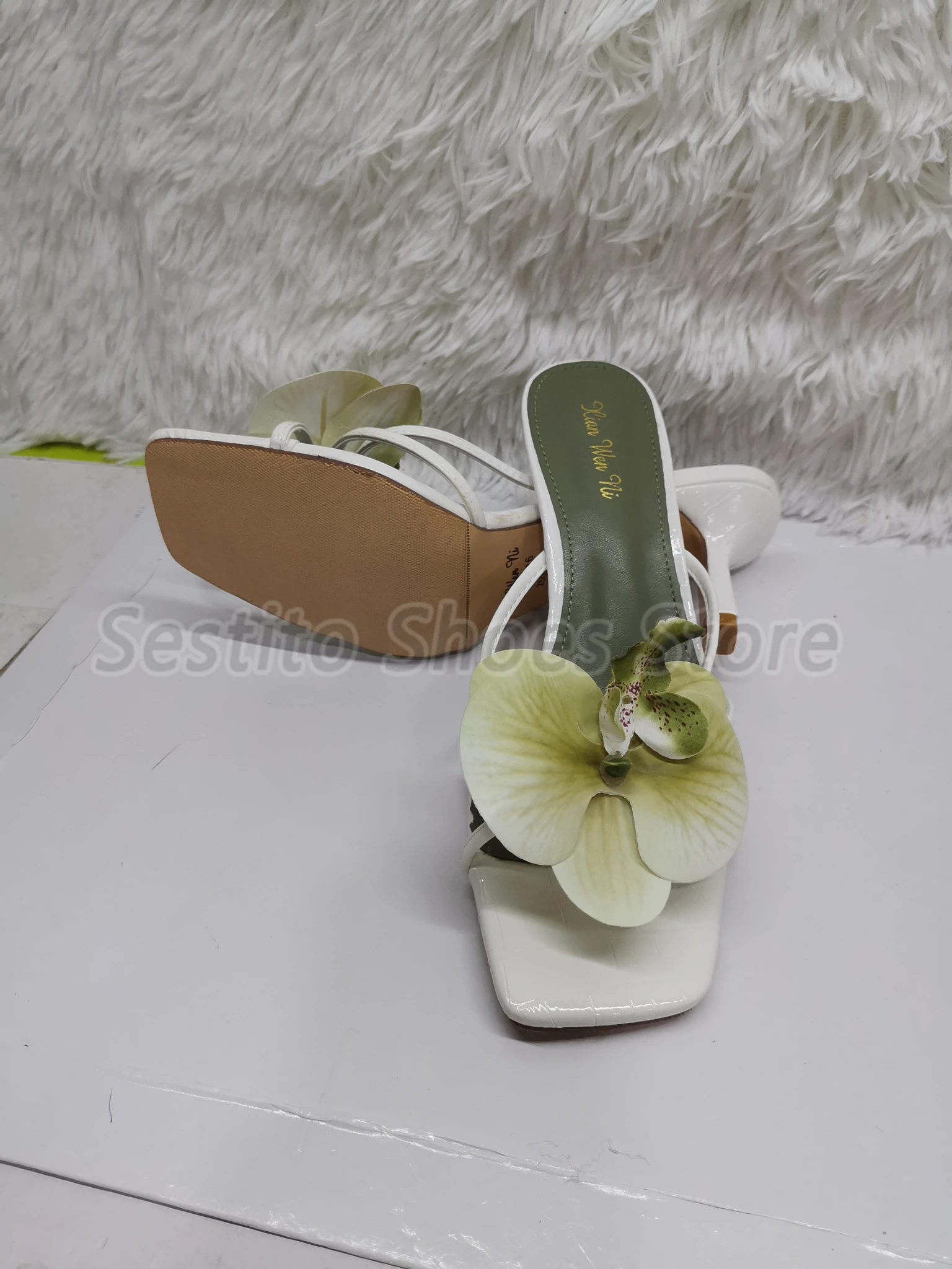 Mixed Colors Flower Women's Slippers Pink Green Orchid Decor Square Toe 8CM High Heels Summer Sweet Hollow Party Female Shoes