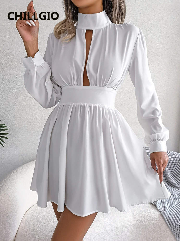 

CHILLGIO Women Chiffon A Line Dress Solid Fashion Long Sleeves Streetwear Mini Vestidos Autumn Elegant Spring Bohemian Dresses