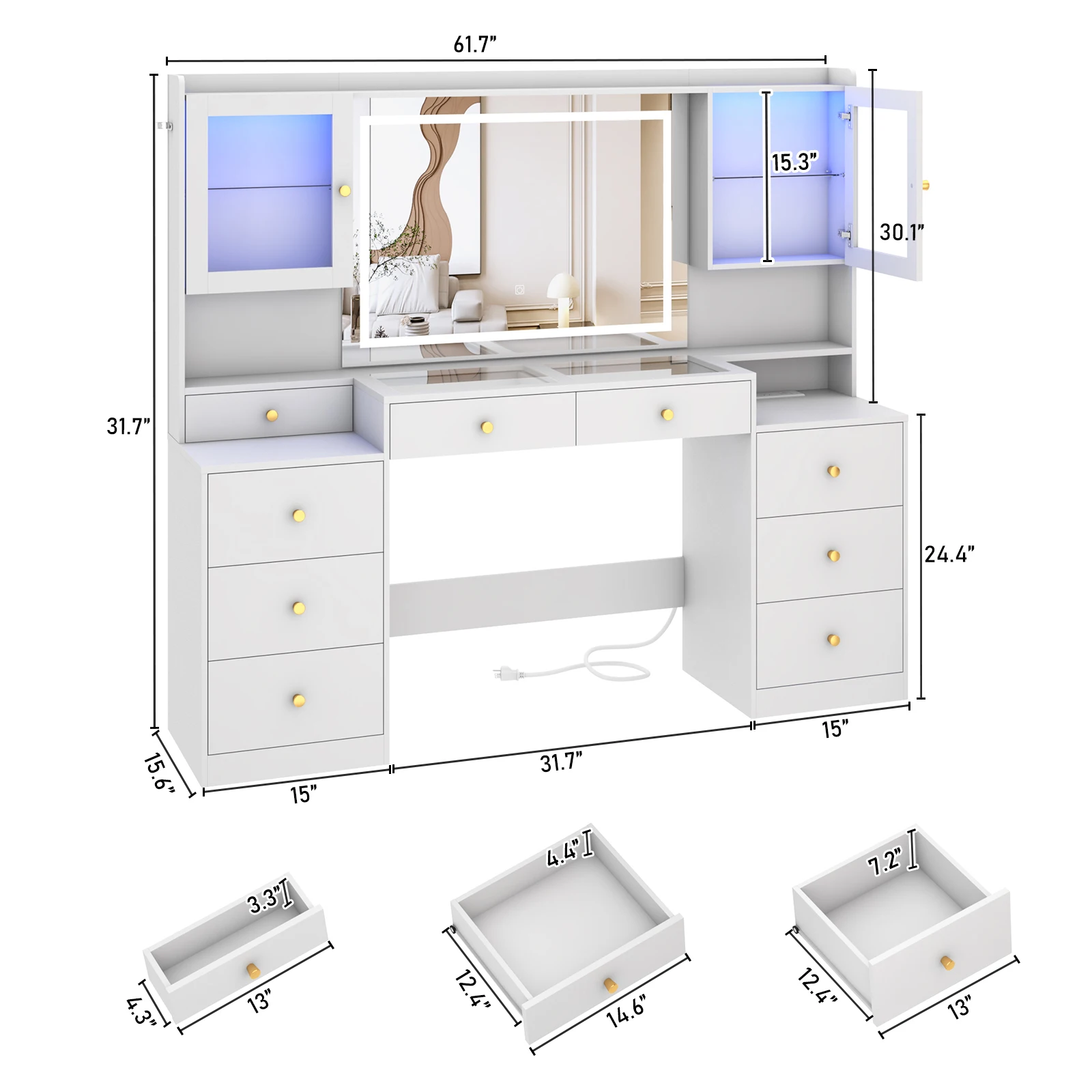 61.7" Large Vanity Desk with Mirror and Lights, Makeup Vanity with Charging Station, Sliding Drawers, 2 Cabinets with Glass Door 6