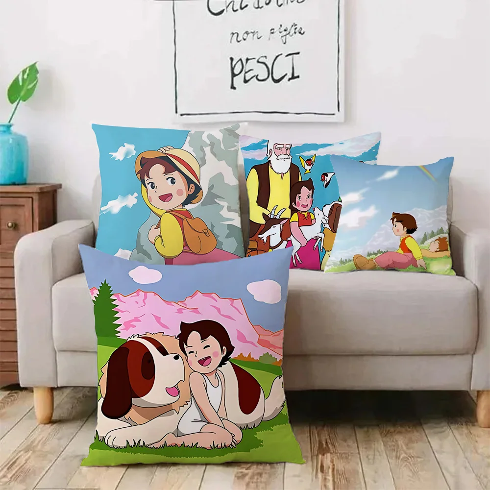 Heidi Peter And Grandpa Alps Goat Mountain Pillow Covers Cartoon Sofa Decorative Home Double-sided Printing Short Plush Cute 2