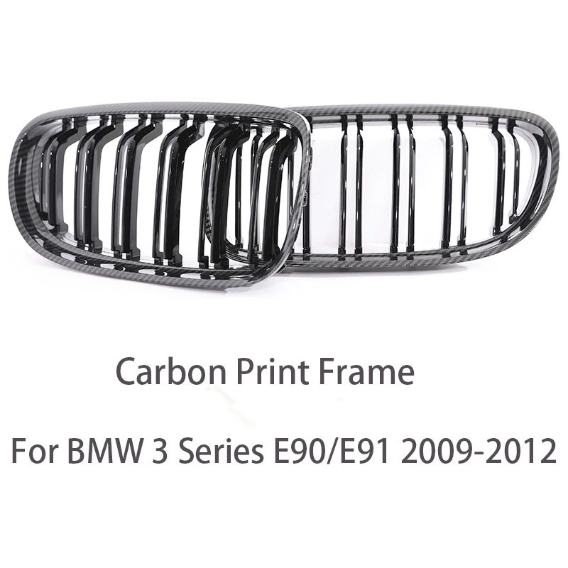 Carbon Fiber Print Grille Kidney Grill - Gloss Black & Chrome Silver Double Slat with M Color Accent