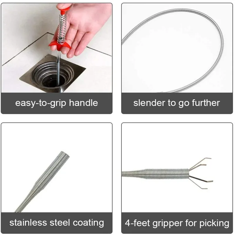 Pipe cleaner 60cm spring pipe unclogging tool drain anti-clogging with grapple wire reusable