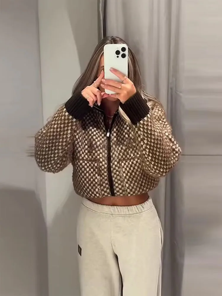 Women Jacket Fashion Splicing Knitted Short Coat Women Casual High Street Long Sleeve Autumn New Bomber Jackets Outerwear