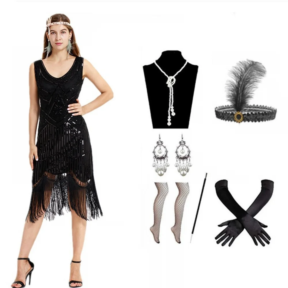 thumbnail image 1 of Disfraz de mujer estilo flapper de los años 20 con accesorios de los años 20, escote en V, sin mangas, lentejuelas, cuentas y borlas, 1 of 5