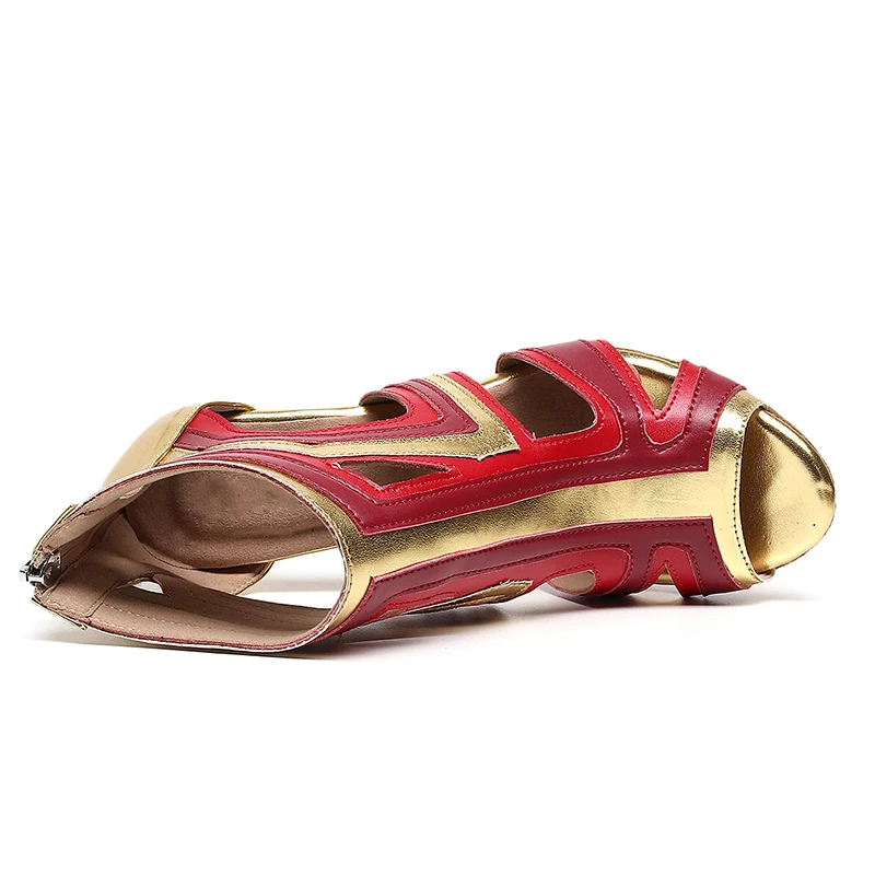 Ladies Open Toe Jazz Dance Shoes Woman Stilettos High Heels for Wedding  Party Girls Suede Leather Red and Gold Stitching