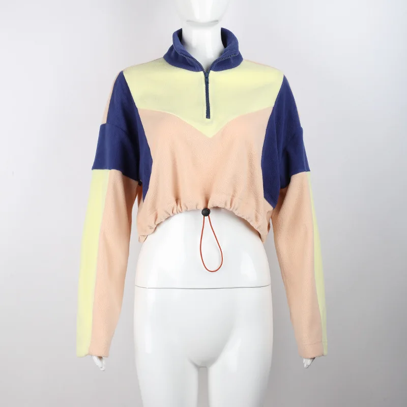 Contrast Patchwork Short Sweatshirt Retro Women's Zipper Stand Collar Casual Girl Long Sleeve Winter Top New Fashion Women