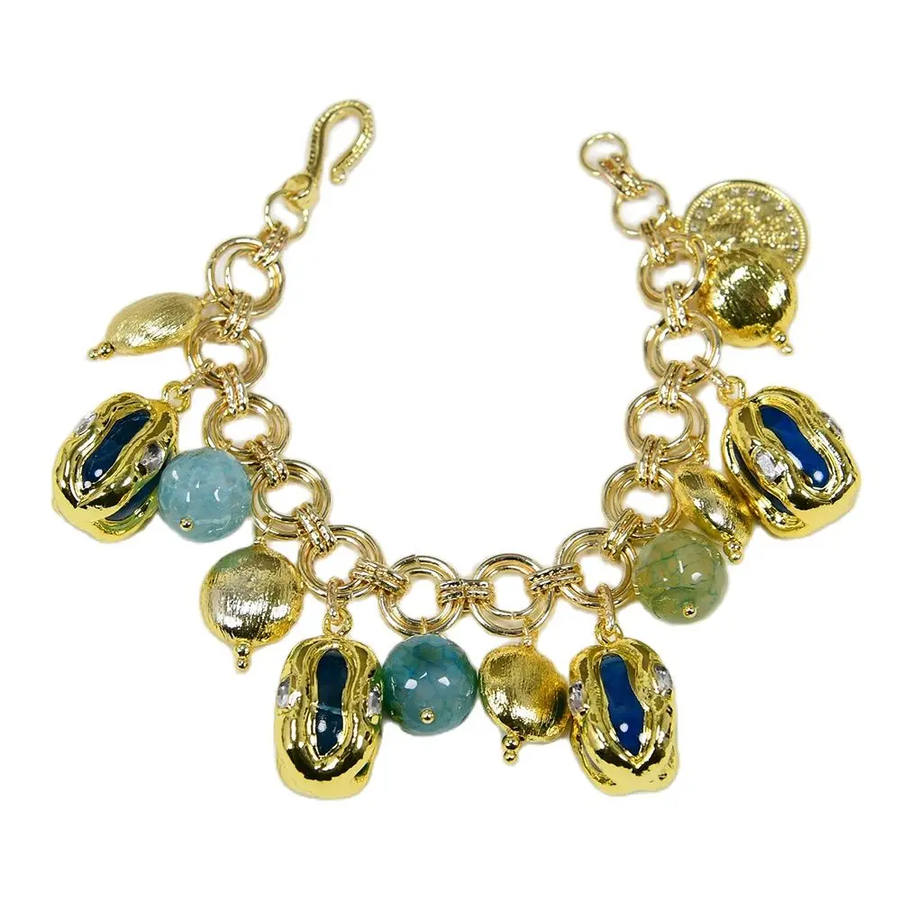

GG Jewelry браслет с множеством драгоценных камней Clear Quartz Blue Agate шероховатый сырой позолоченные края браслет с подвесками ручная работа Lady Jewelry Gifts