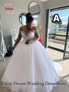 Abito da Sposa Personalizzato Squisito Bianco Principessa con Perle e Maniche Lunghe, Vestito da Sposa Scintillante Stile Dubai