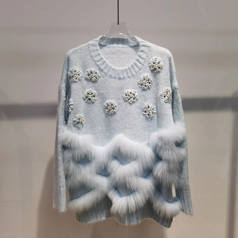 

Женский пуловер с длинным рукавом, свободный трикотажный пуловер в полоску из натурального Лисьего меха с круглым вырезом, осень 2023