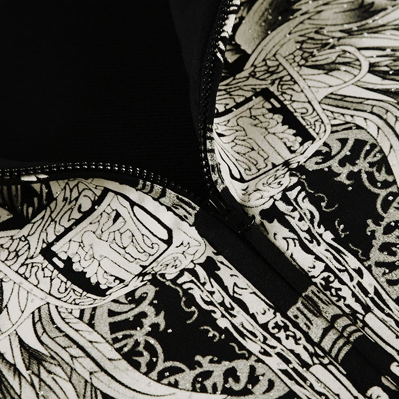 Y2k Darkly Retro Zip Up Hooded Coat Long Sleeve Basic Women s Fashion Chic Diamonds Print Sweats Cardigan