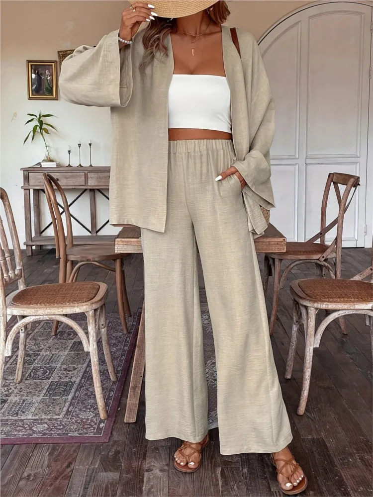 Pant Sets 2 Piece Sets Women Outfit Solid Color Pocket Fashion Suit Casual Cardigan Wide Leg Pants Two Piece Set Casual Office