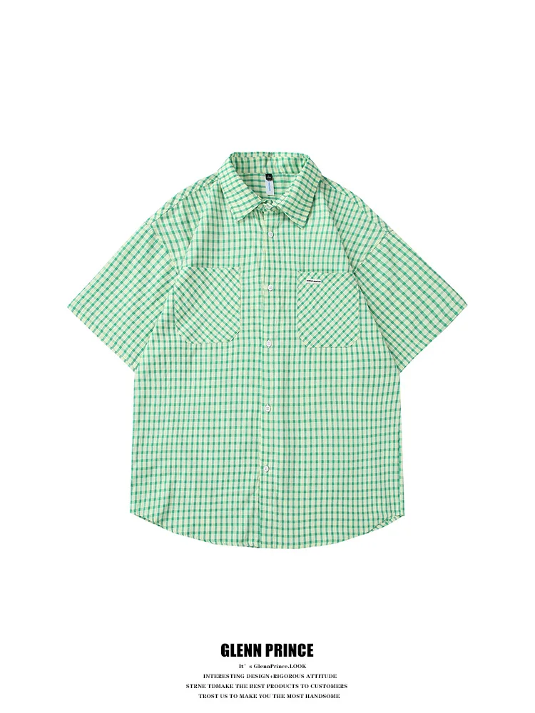 Japanese Harajuku style checkered short sleeved shirt for men's summer Hong Kong style retro loose casual jacket