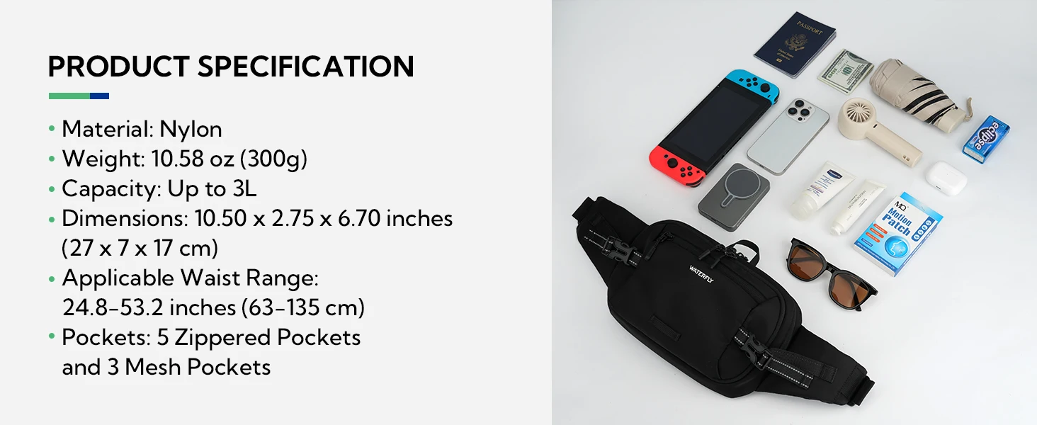 WATERFLY 3L große Gürteltasche für Damen und Herren, 180 ° Öffnende Hüfttasche mit mehreren Taschen, Diebstahlschutz, RFID für Reisen, Wandern, Alltag – Detail 3