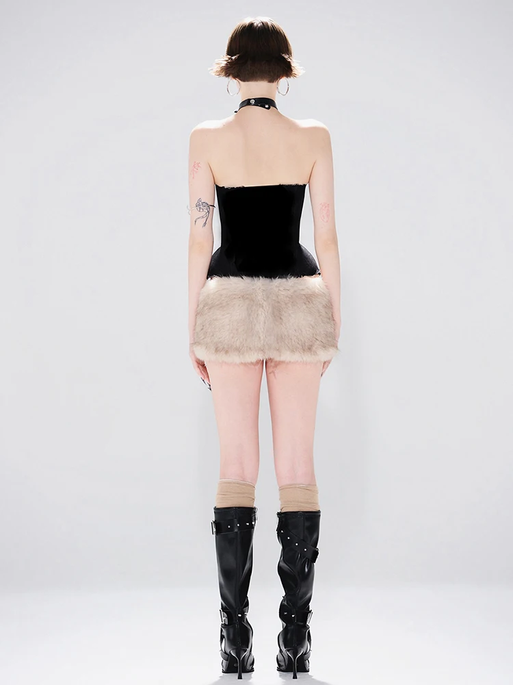 Nibber Halloween Chic 2-Piece Set Women Shirring Irregular Strapless+Peach Hip Furry Mini Skirts Hottie Sexy Street Clubwear